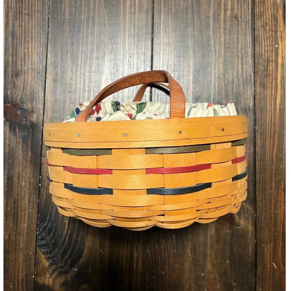 Longaberger Woven Round Basket with Leather Handles and Fruit Pattern Liner